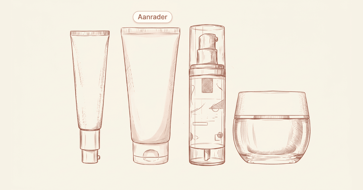 Vier handgetekende illustraties van fungal-acne-safe dagcrèmes naast elkaar