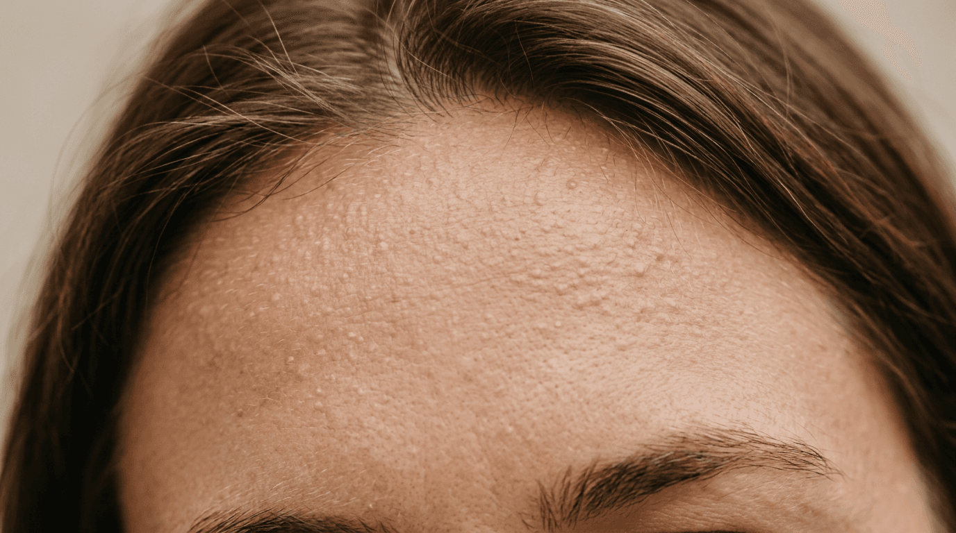 Close-up van een voorhoofd en haargrens met kleine, gelijkmatige bultjes