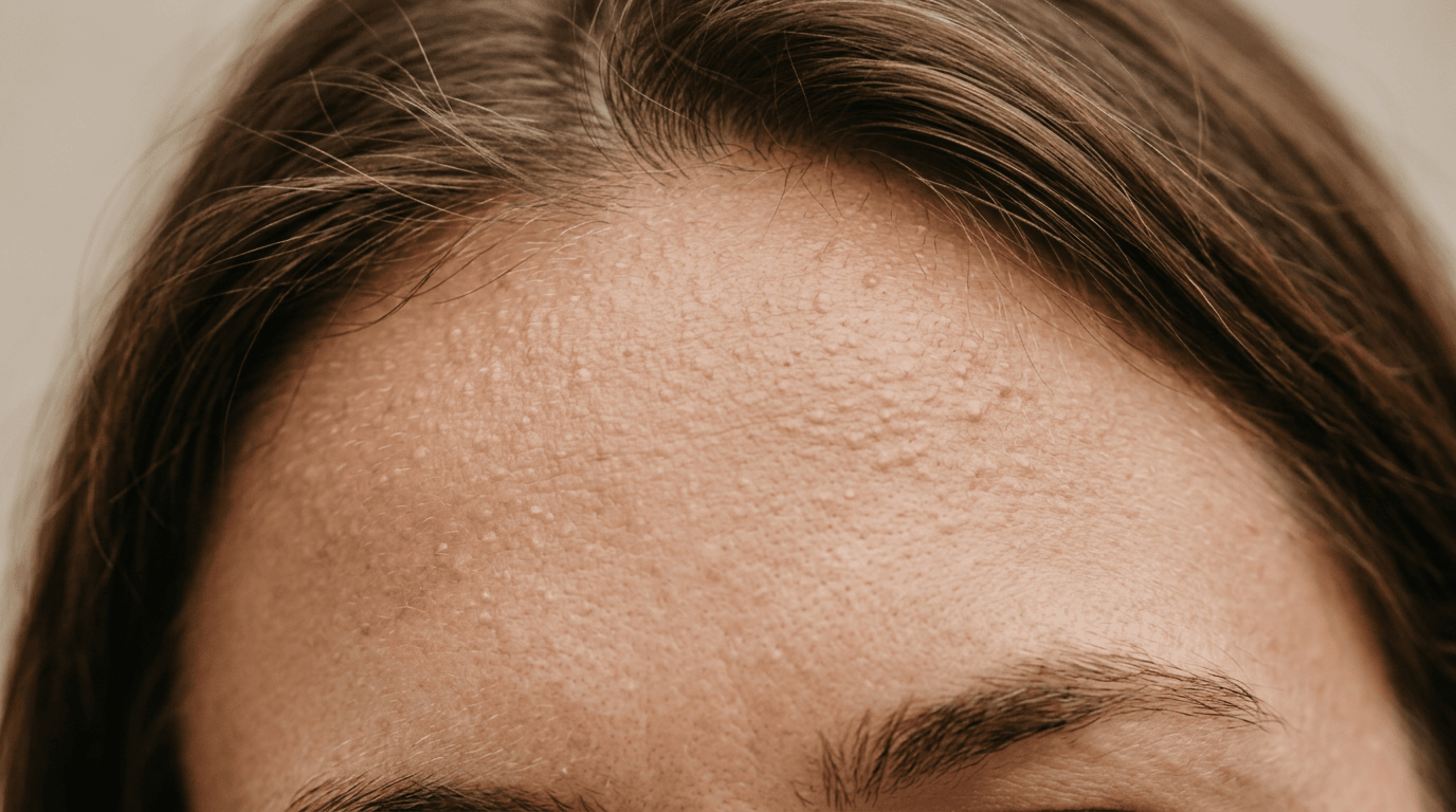 Close-up van een voorhoofd en haargrens met kleine, gelijkmatige bultjes